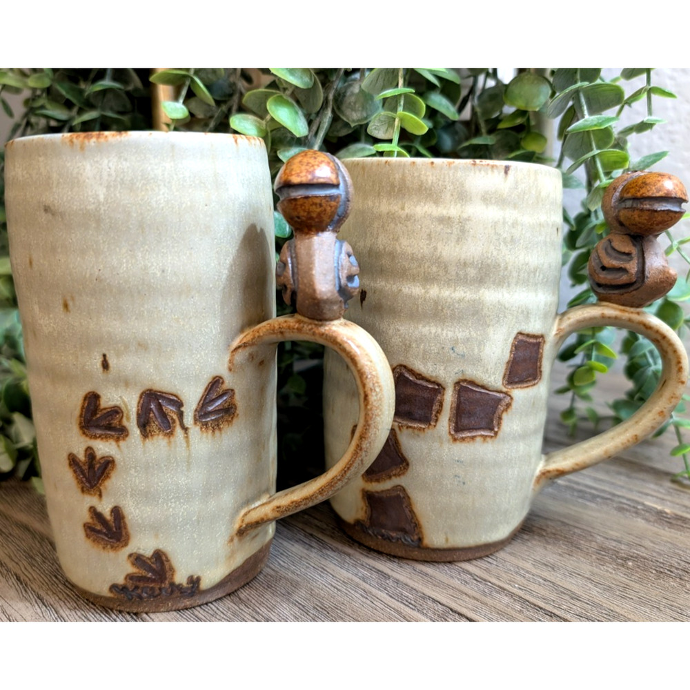 Handmade Pottery Bird Handle Mugs Set of 2 Rustic Stoneware Coffee Cups